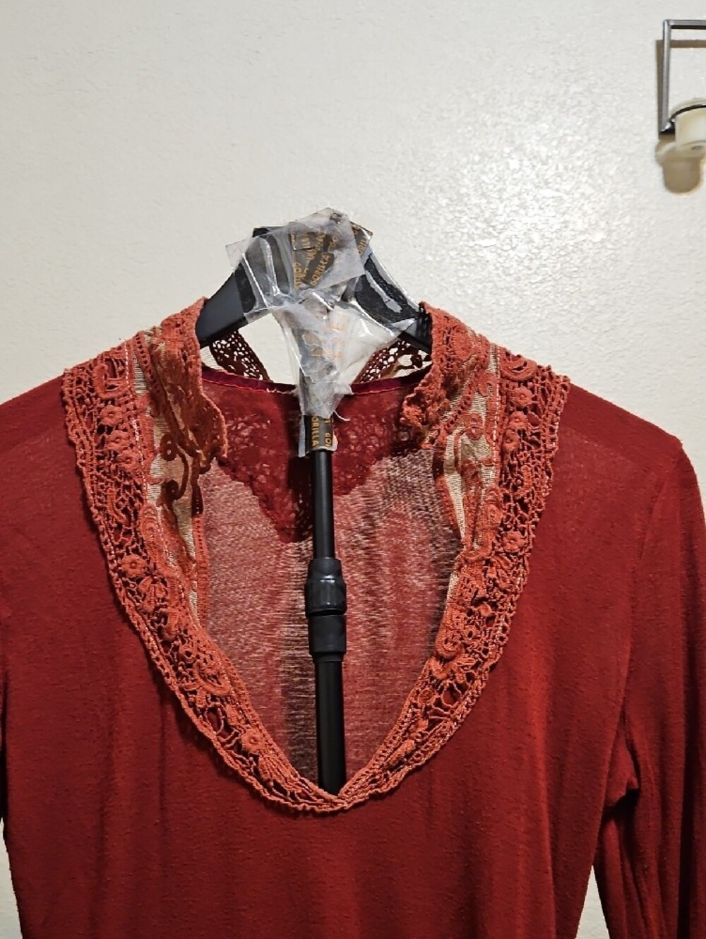 Scrapbook Originals Deep V Lace-Trim Long Sleeve Top - Rust - Picture 2 of 6